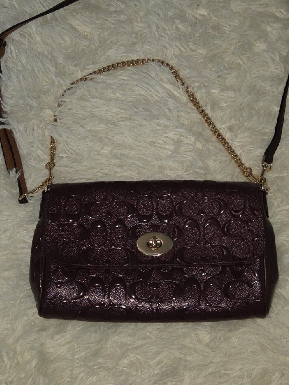 Coach Plum Signature Patent Leather Crossbody with Chain Strap